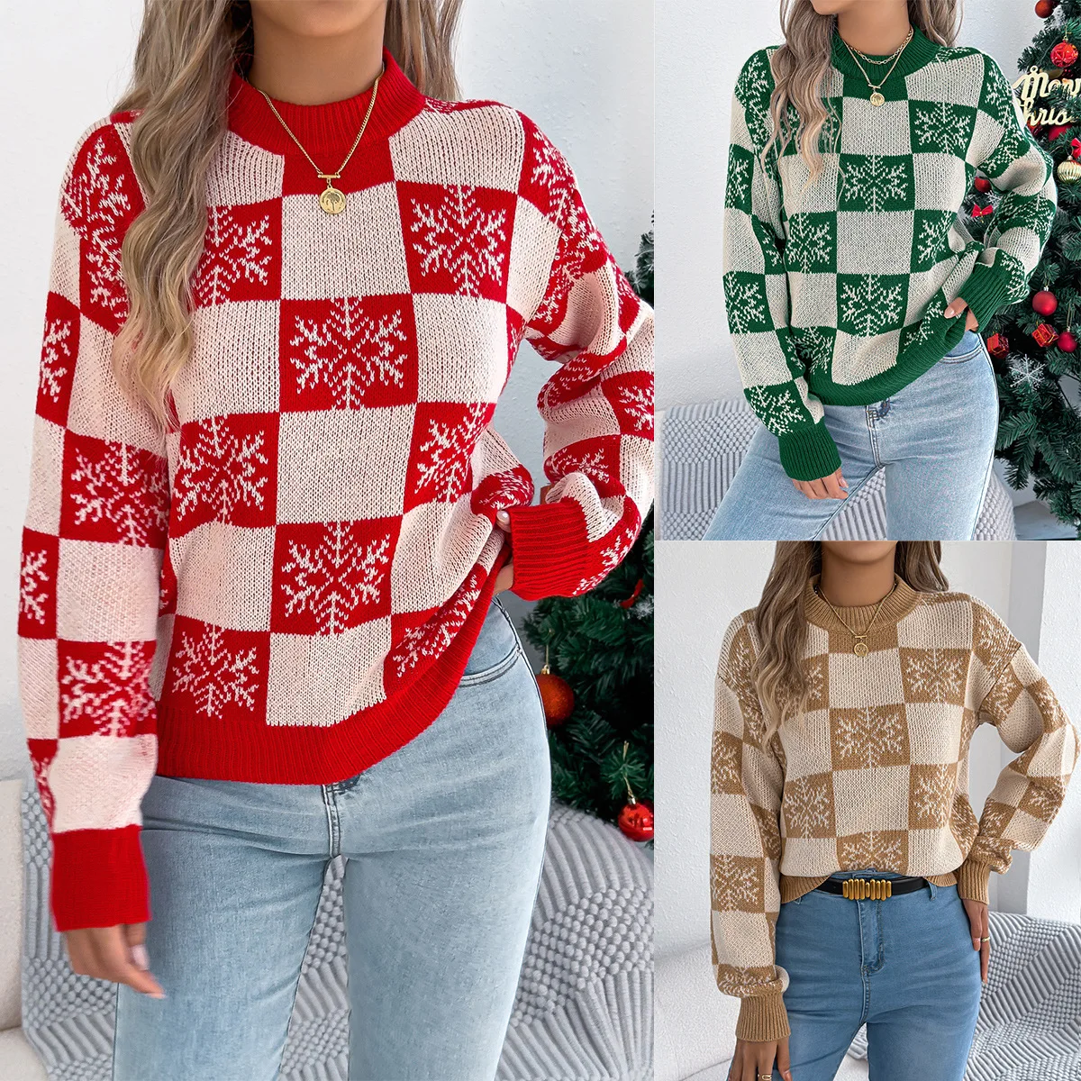 

2025 autumn winter snowflake checkered knitted sweaters lantern pullover sweater women's Christmas kazak sweter damski