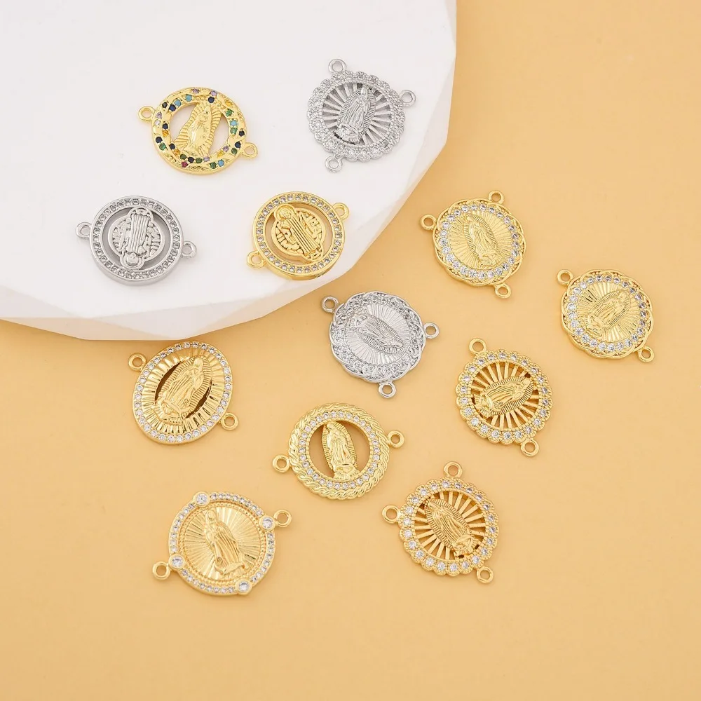 4 Pcs Brass Plated Virgin Mary Connector DIY Bracelet Necklace Jewelry Making Accessories Inlay Zircon Round Oval Hollow Pendant