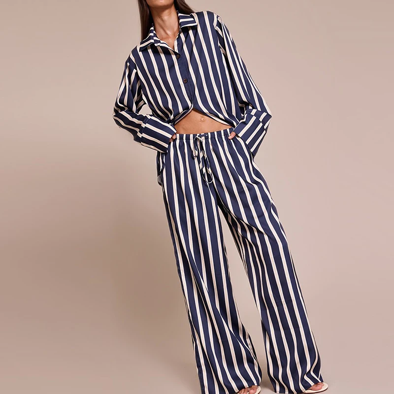 

Autumn Vintage Women High Waist Wide Leg Pants Outfit Casual Loose Homewear 2 Piece Set Striped Printed Long Sleeved Shirt Suit