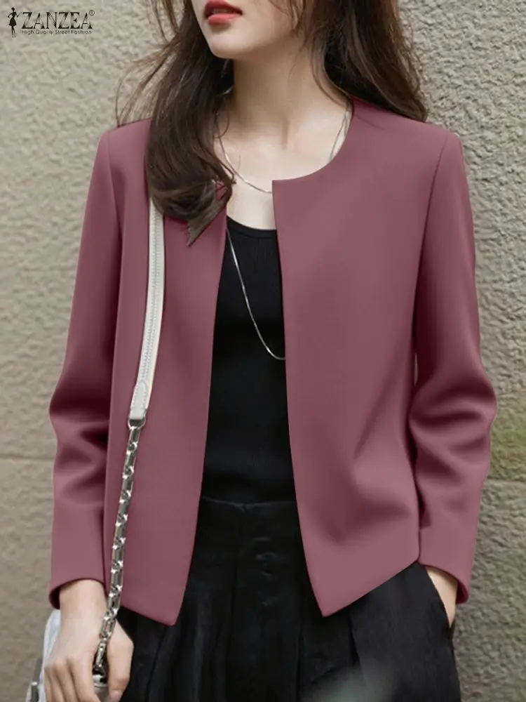 

ZANZEA Элегантный шикарный женский легкий пиджак, осень 2022, с круглым вырезом и длинными рукавами, с открытой передней частью, однотонная верхняя одежда для офисных женщин, S-3XL