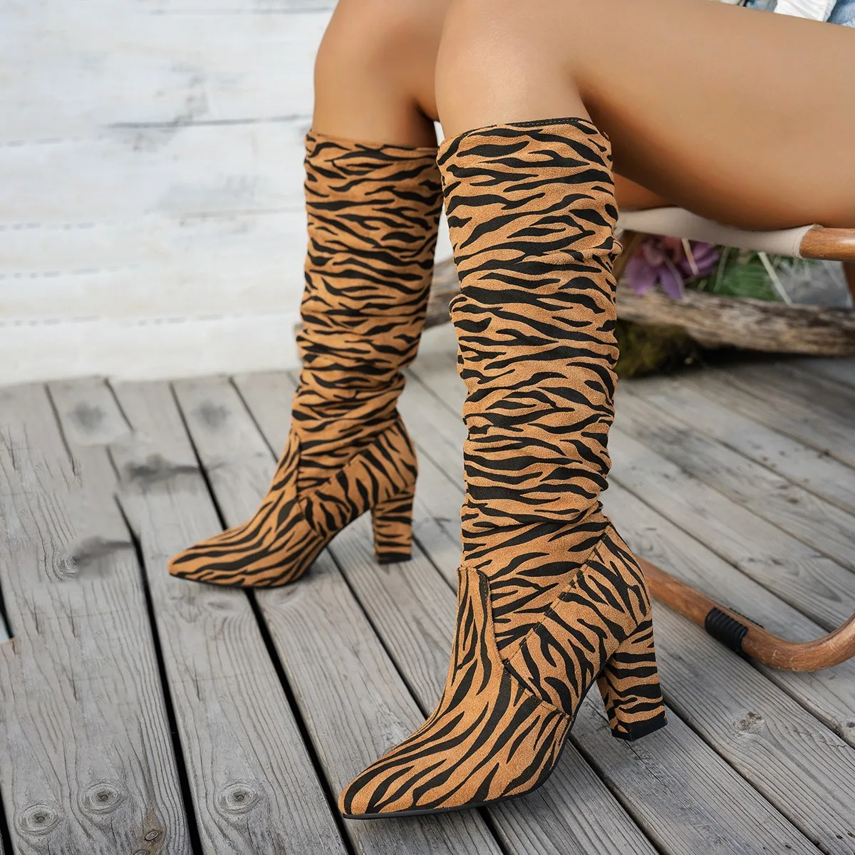 

Women Fashion Round Toe Cross Lace-up Square High Heels Platform Shoes Booties Sexy Leopard Grain Over The Knee Boots