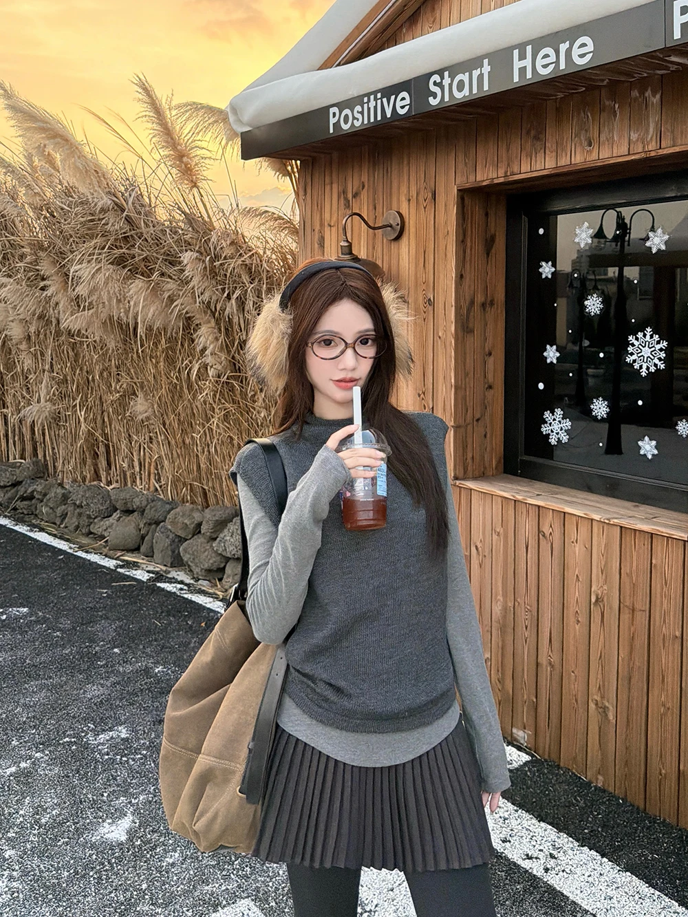 

Gray High Collar Sleeve Long Women's Vest Top Half Skirt Three Piece Set Winter Layering T-Shirt Casual Commute Style