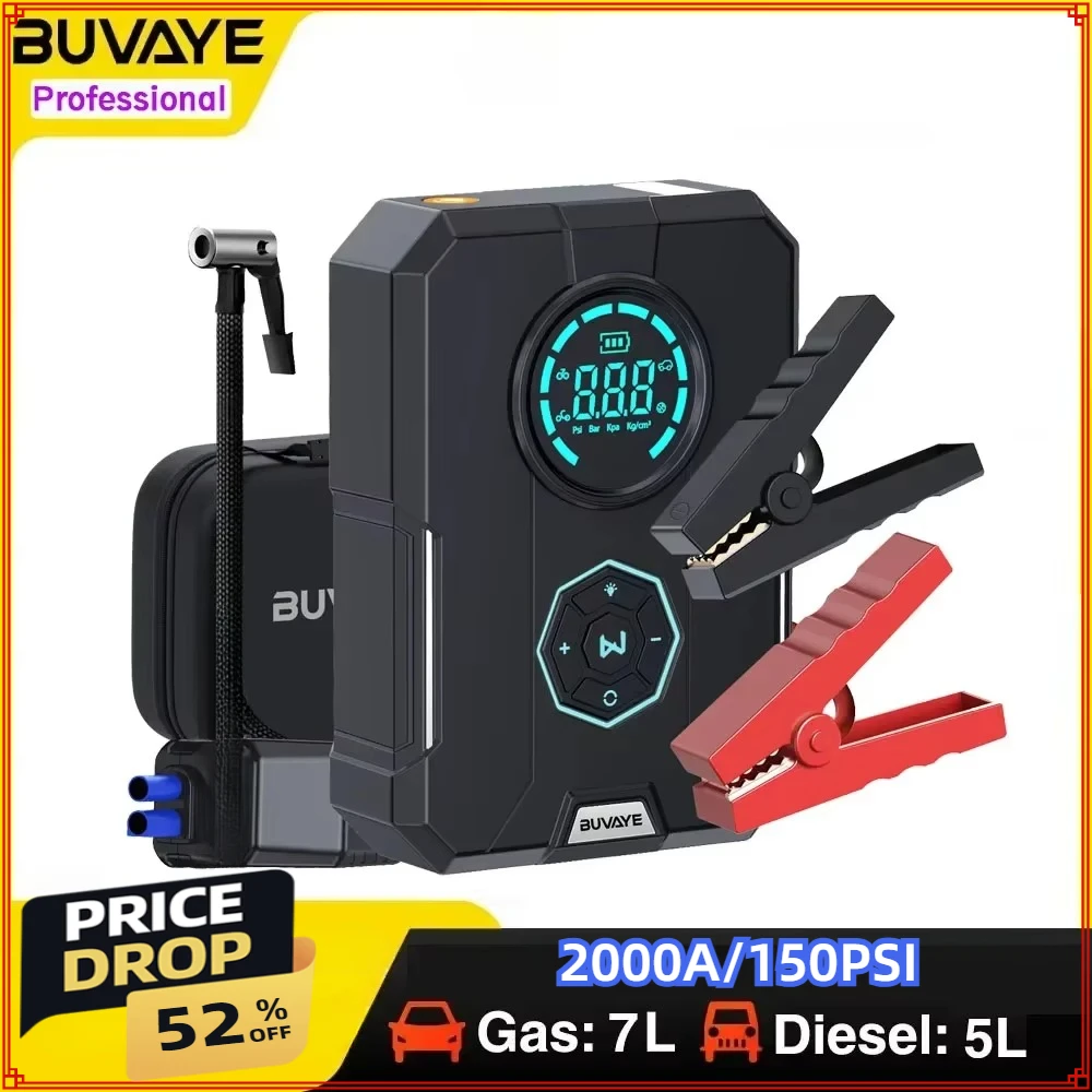 BUVAYE-Car Jump Starter Air Pump, 150PSI Air Compressor Power Bank, 2000A Cars Battery Starting Auto Inflatable Pump