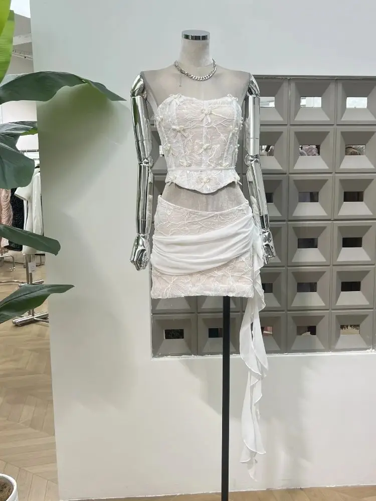 

New 2025 Sexy Top Short Skirt Sets Embroidery Lace Bow Decoration Women's Outfit Two Pieces Party Cocktail Birthday Dress