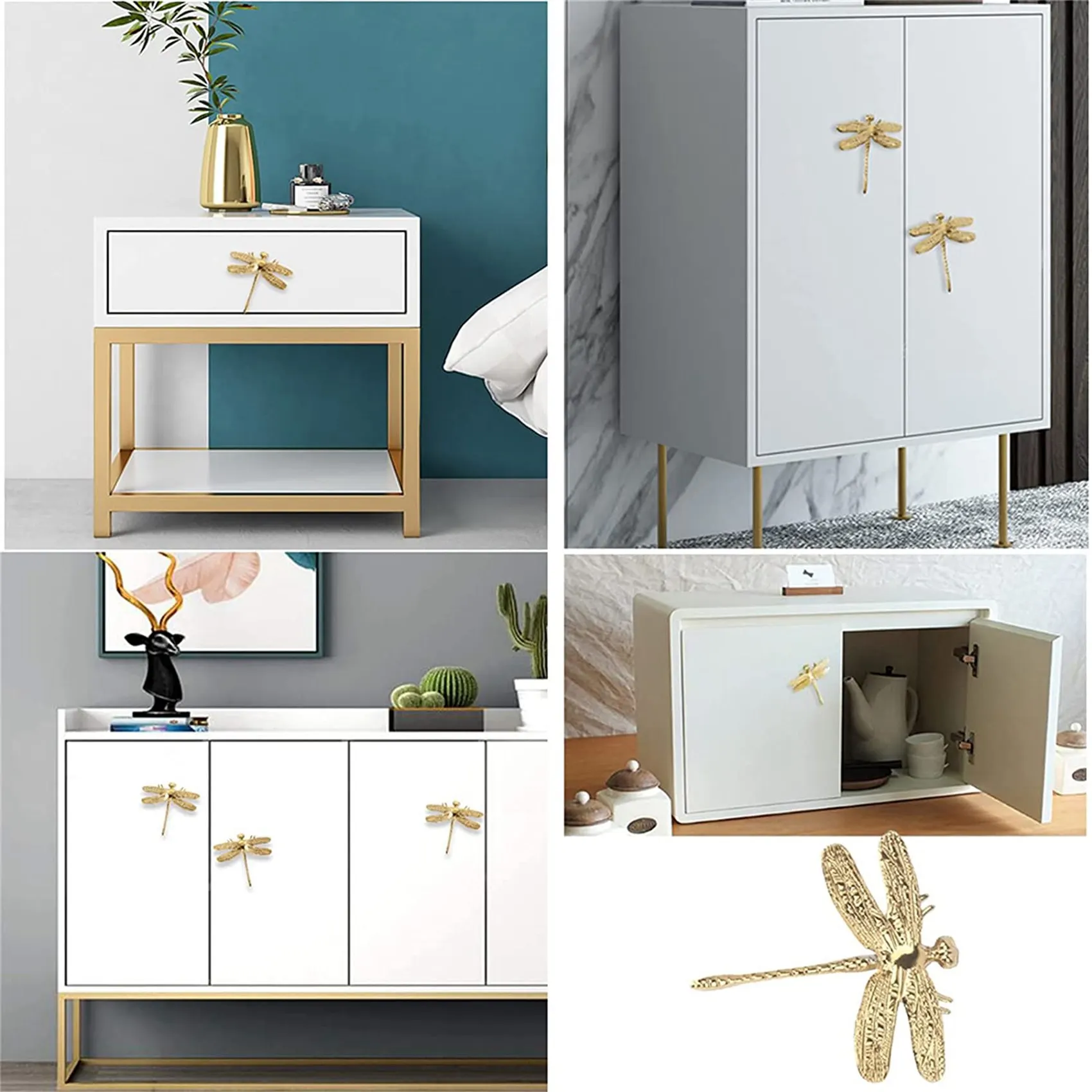 AA89-3 Pcs Brass Dragonfly Handle Simple Nordic Cabinet Gold Drawer Door Pull Knob Bedside Table Bathroom Handle Decoration