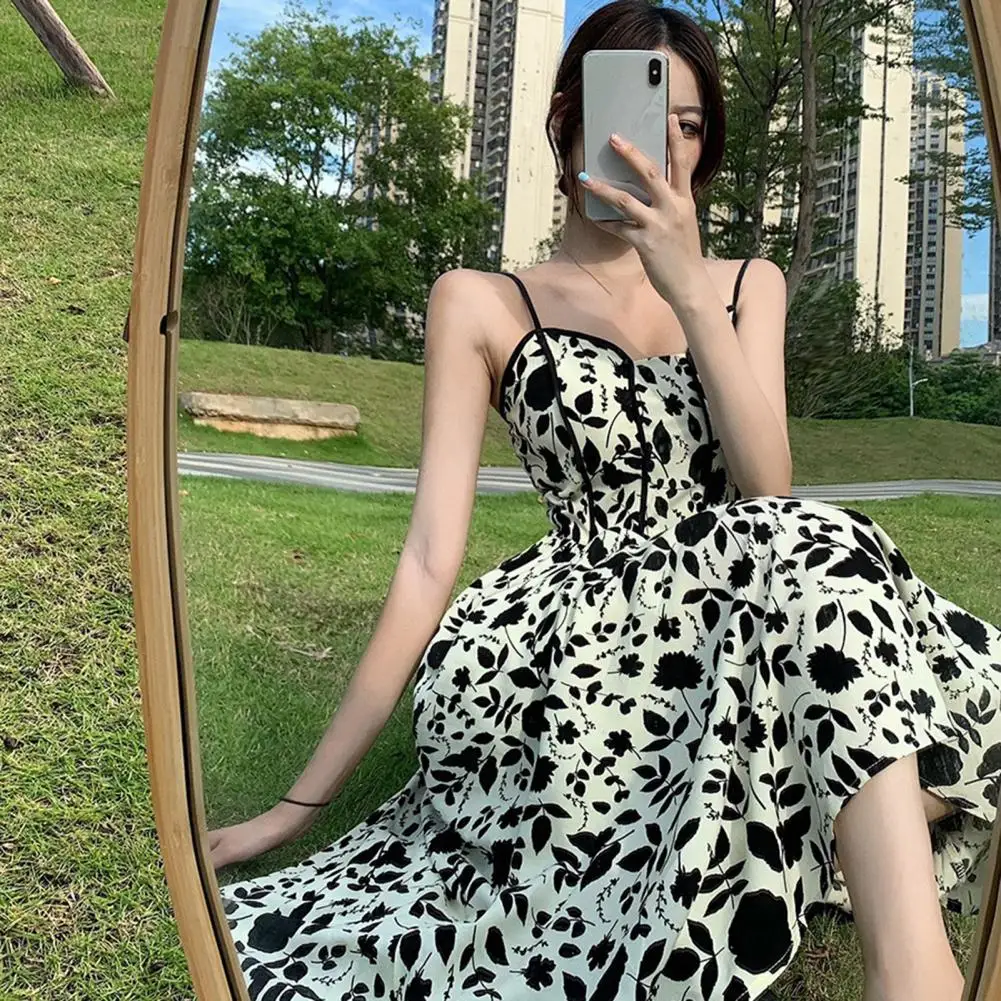 

Women Sling Dress Floral Prin V-Neck Sleeveless Summer Midi Dresst Elegant Vintage High Waist Lady Dress Streetwear