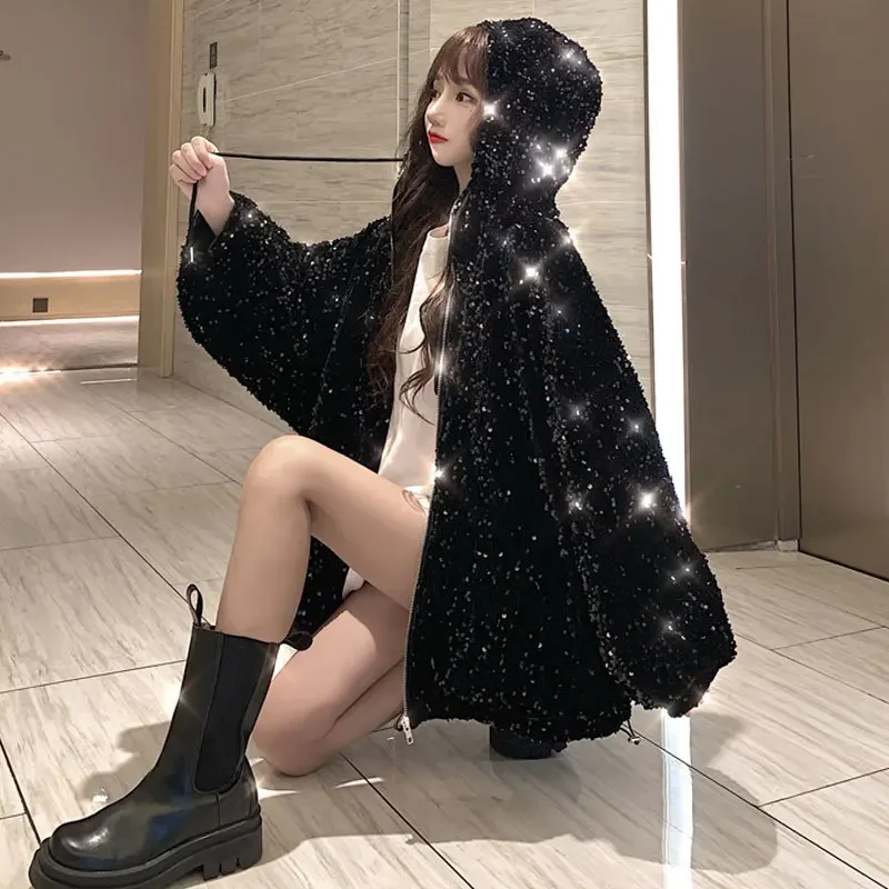 Women Sequined Bomber Jacket Streetwear Casual Shiny Beaded Zipper Hooded Sequins Cardigan Drawstring Dance Crop Tops Chaqueta