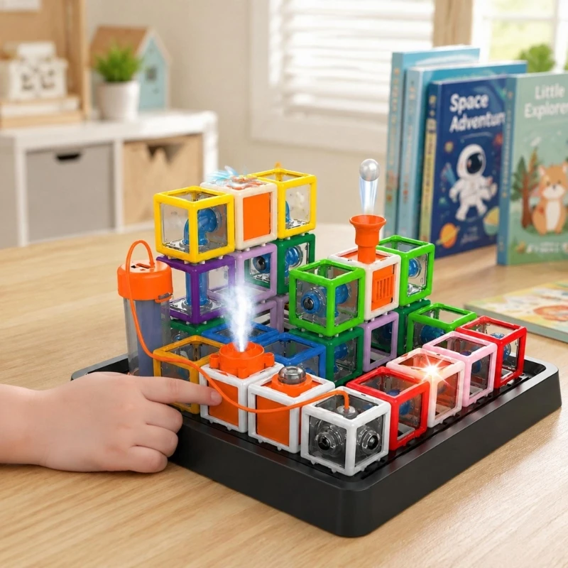 Modular Electrical Circuit Building Toy with Gridded Baseboard, Open-Framed Pieces, and Progressive Challenges for Hands-On A2UB