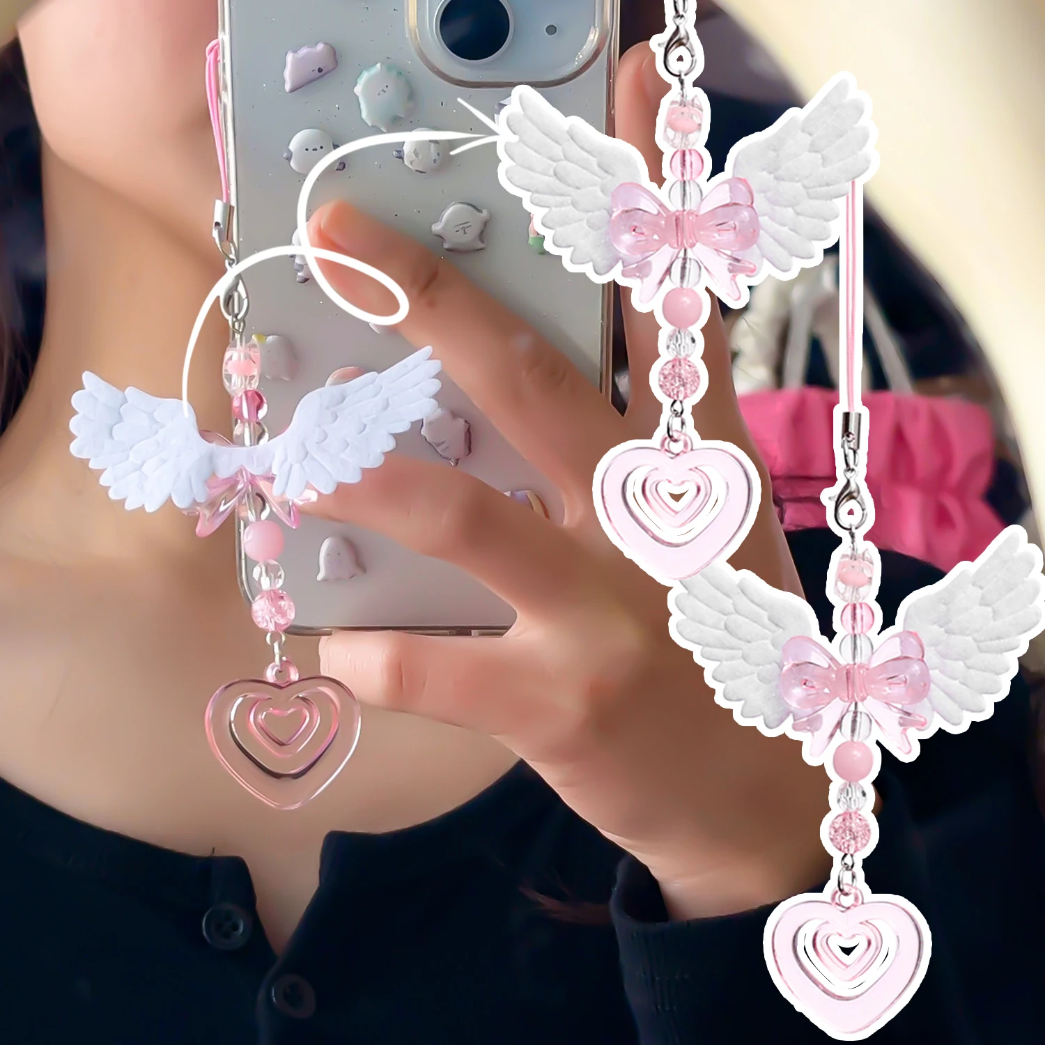 Fashion Sweet Keychains Angel Machine Pendant Lovely Wings Bow Heart Mobile Strap Phone Key Chains Bags Decorative Accessories