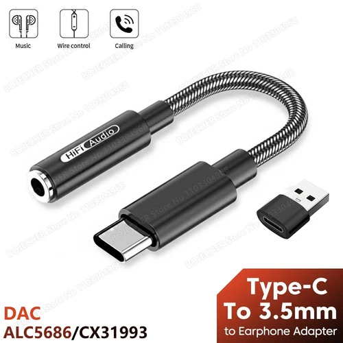 Adaptador de auriculares USB tipo C a 3,5mm ALC5686 CX31993 HiFi DAC USB C a conector de 3,5mm Cable auxiliar de Audio para auriculares para Xiaomi Huawei
