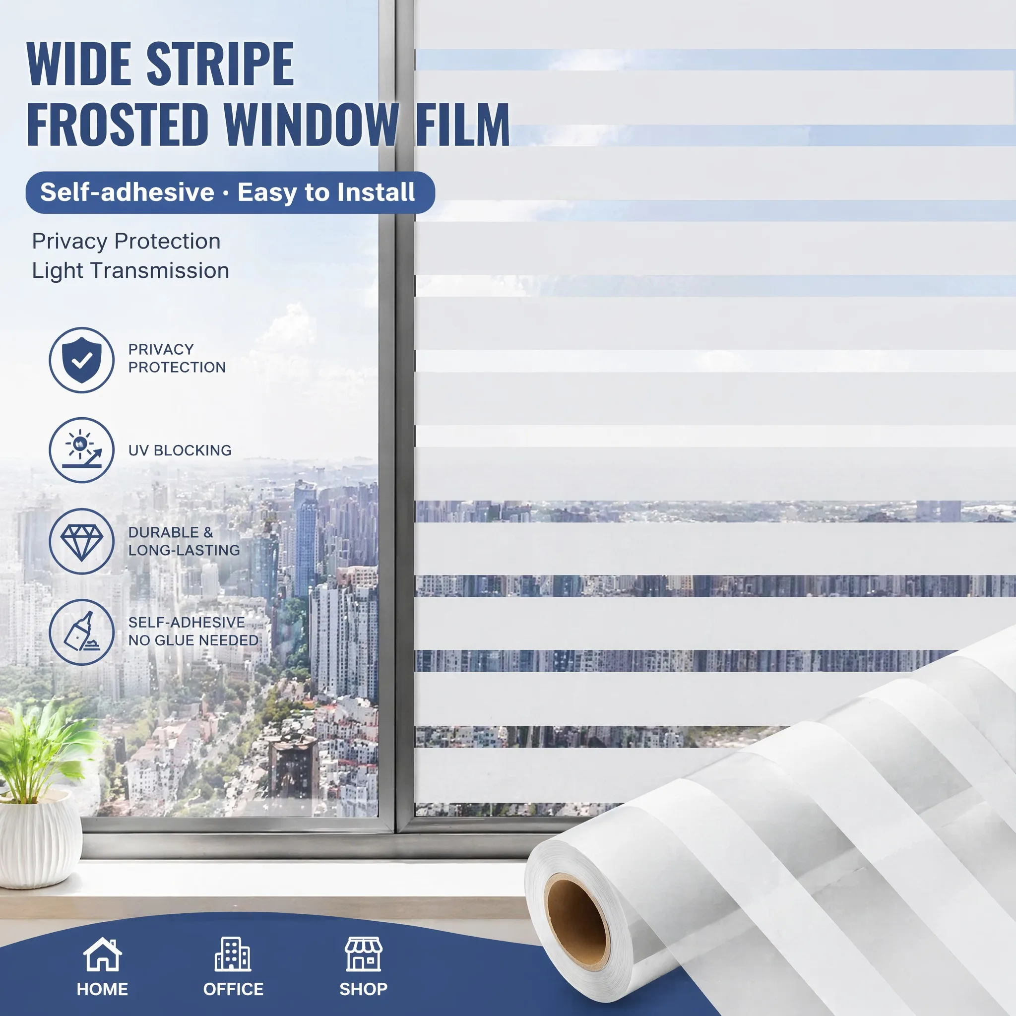 Self-Adhesive Venetian Stripe Frosted Window Privacy Film UV Block