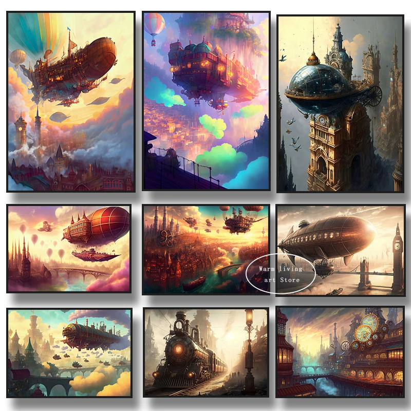 Vintage Steampunk City Poster Fog London Train Airship City of Balloons Wall Art Canvas Painting Prints Wall Pictures Room Decor