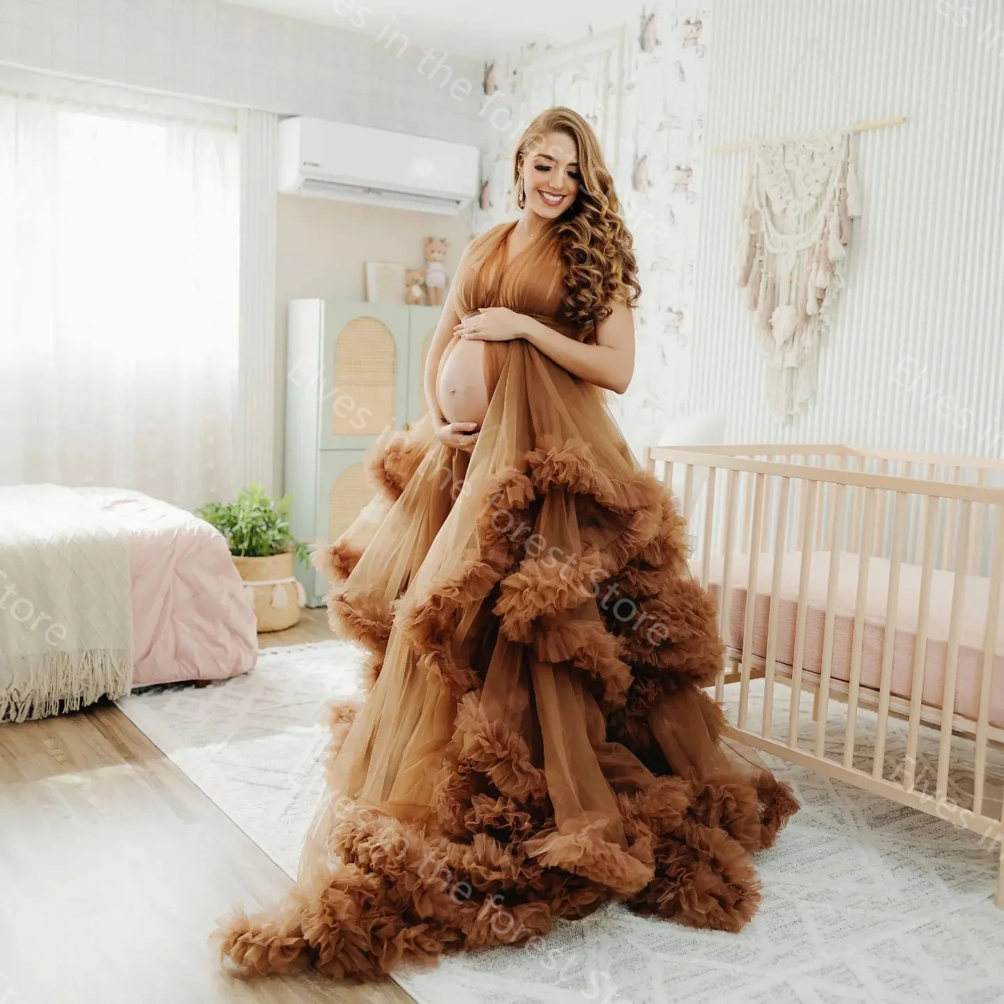 Glamorous Brown A Line Maternity Robes for Photo Sexy V Neck Sleeveless Tulle Pregnant Women Dresses Tiered Ruffles Party Gowns