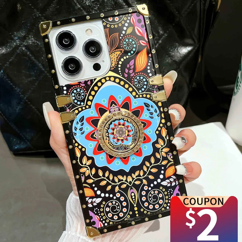 Luxury Print Plated Flower Square Ring Case ForiPhone 14 13 11 12 Pro Max Mini X XR XS 7 8 Plus SE 2020 Shockproof Cover Fundas