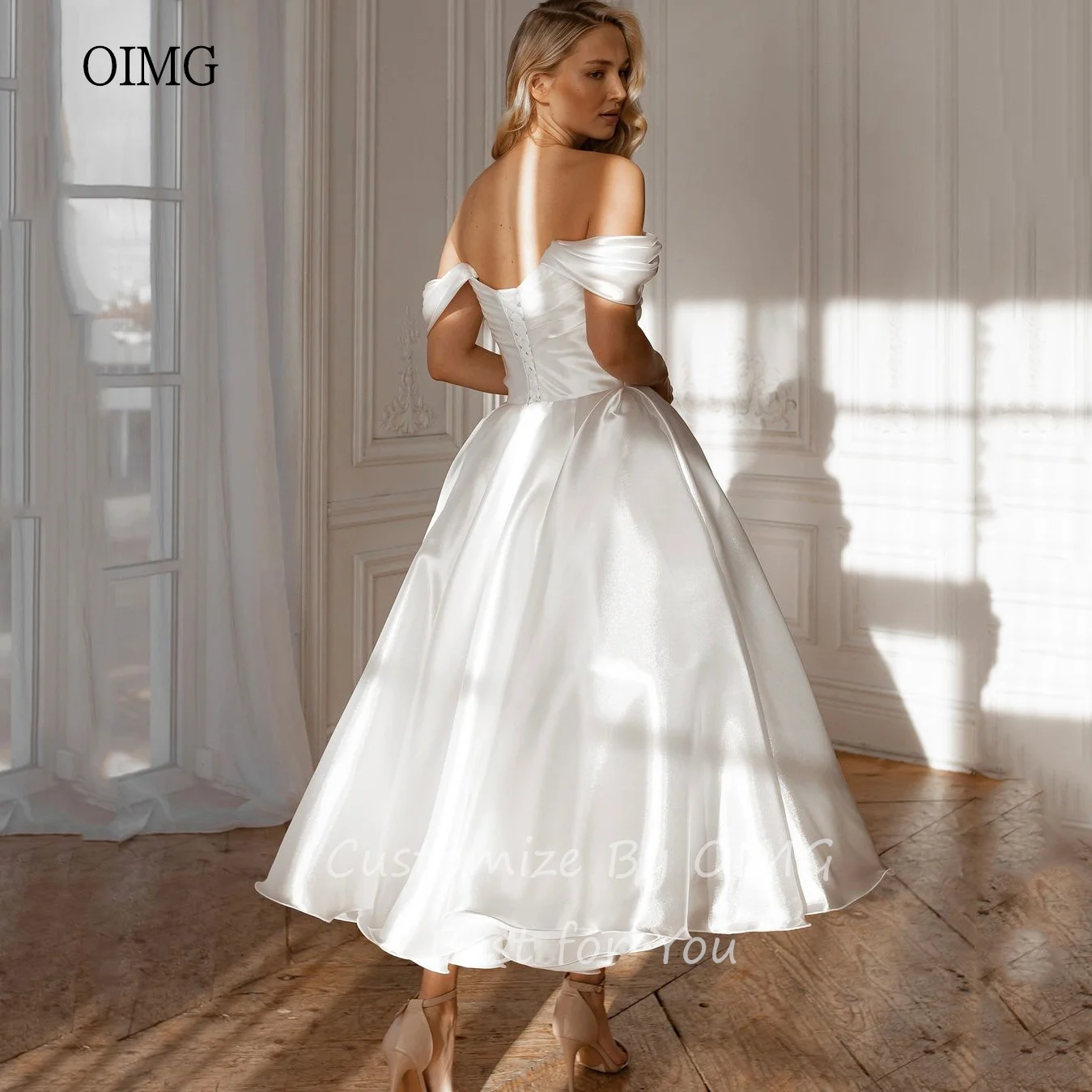 OIMG Classic Ivory A-line Wedding Dress Off The Shoulder Bride Dresses Tea Length Wedding Gowns vestidos para mujer Customized