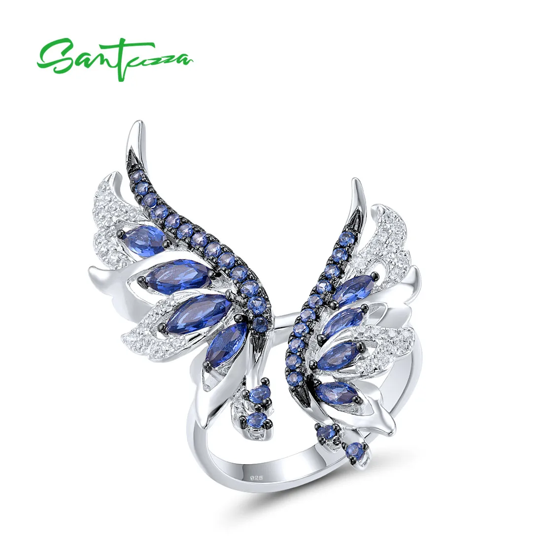 SANTUZZA Authentic 925 Sterling Silver Rings For Women Sparkling Blue White Cubic Zirconia Angel Wings Chic Trendy Fine Jewelry