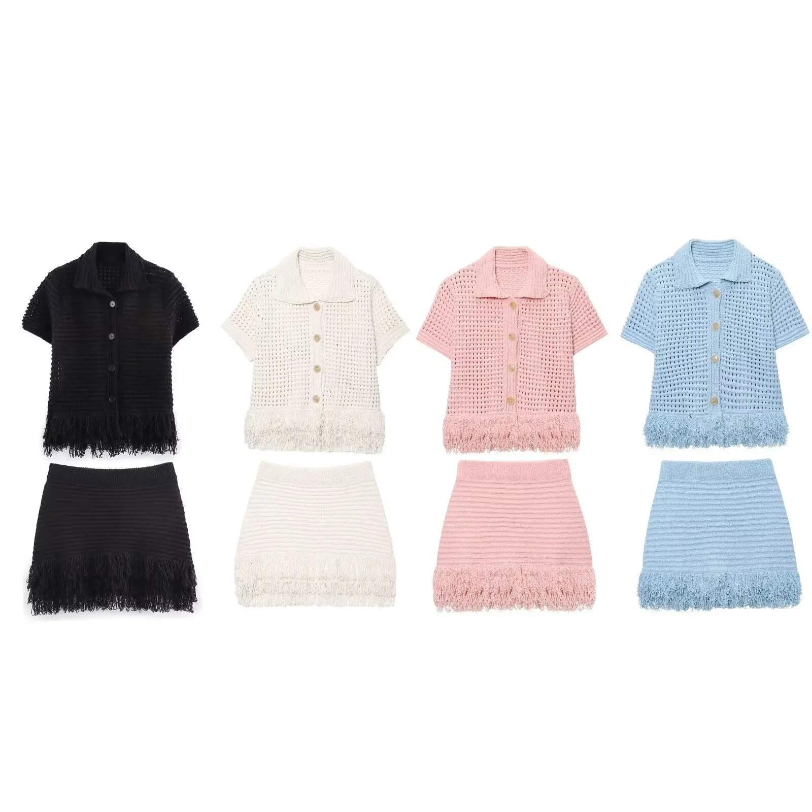 

New European and American style knitted two-piece set with tassel plaid short-sleeved knitted sweater and high waist hip skirt