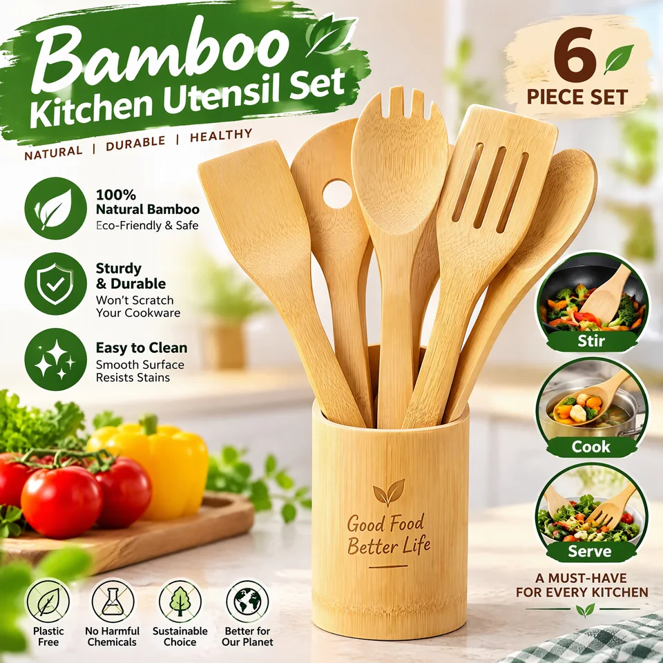 6 Piece Natural Bamboo Kitchen Utensil Set with Utensil Holder, Eco Friendly Wooden Cooking Tools, Non-Scratch Spatula Spoon for Nonstick Pan, Sturdy & Easy to Clean Kitchen Gadgets