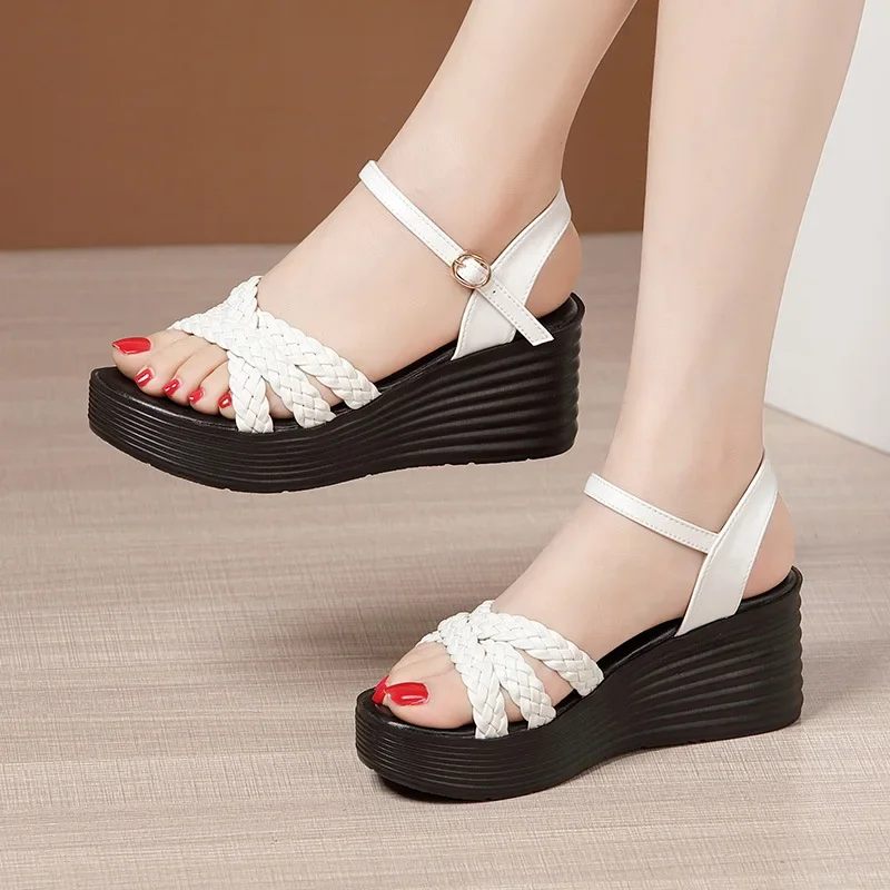 Comfortable 7cm Medium Heels Wedges Shoes Women Summer 2025 Beach Office Mother Knit Platform Sandals Big Size 32-43