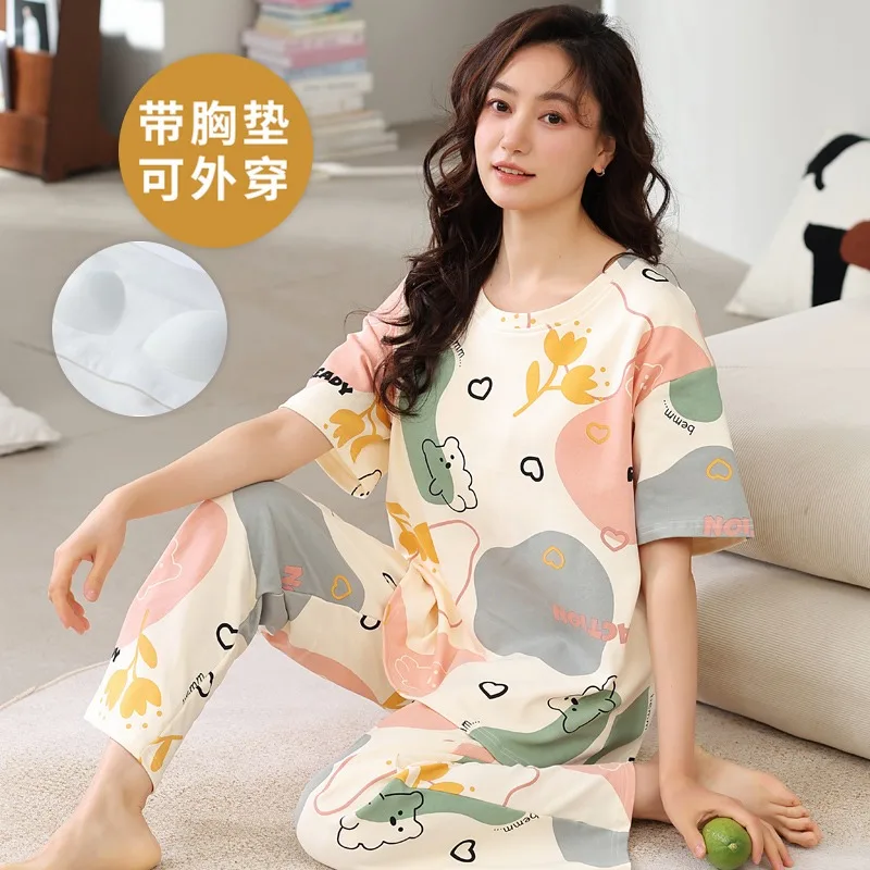 Women\'s Pajamas Set with Bra Pad For Summer Short Sleeve Long Pant Pyjama Loungewear Set Sleepwear Pijama Home Clothing 2024 New