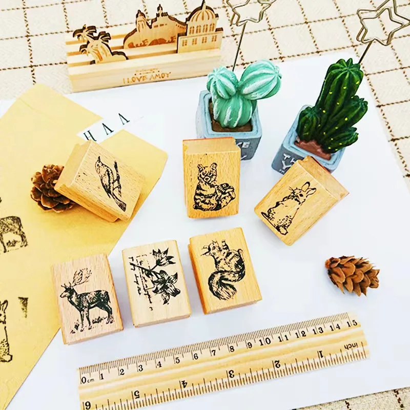 Creative Stationery Cute Forest Wooden Retro Seal DIY Handbook Diary Decorative Wooden Seal 6 Choices