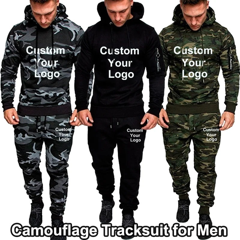 

Men Custom Your Logo Camouflage Hoodie Pants Set Casual Long Sleeve Pullover Sweatshirt Trousers Sportsuit Set