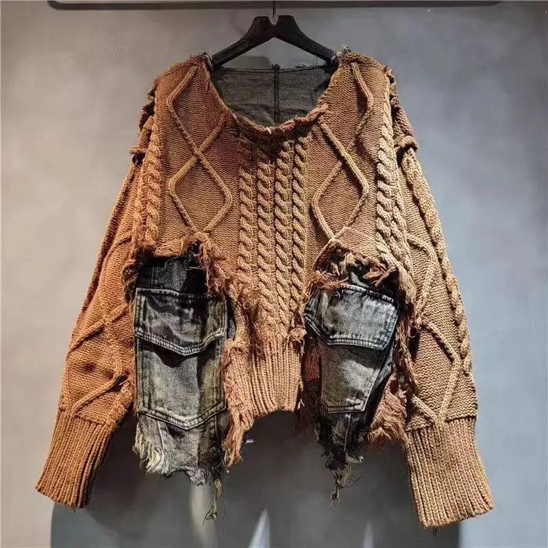 YEAE المرأة الخريف والشتاء جديد الدنيم الربط بلوفر مغزول سترة المرأة فضفاضة ورقيقة غسلها القمم القديمة العصرية