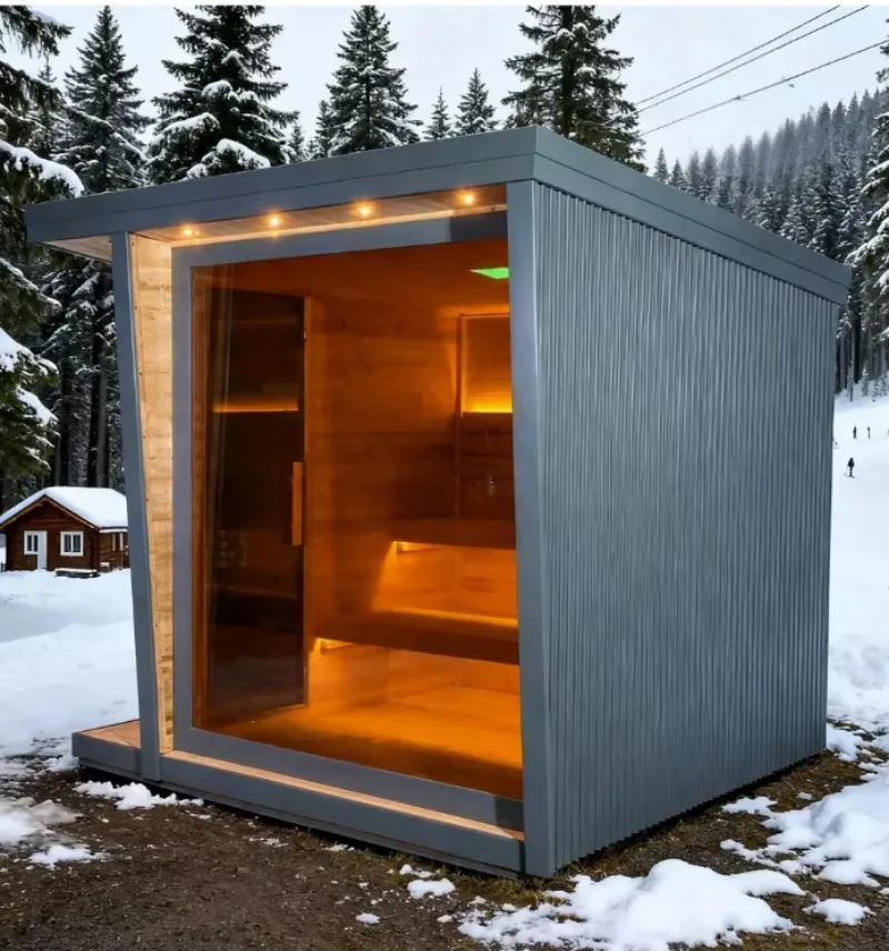 Luxury Panoramic Tinted Glass Sauna Black Outdoor Spruce Sauna Room With Porch And Starry-Sky LED Strip Lighting Customize