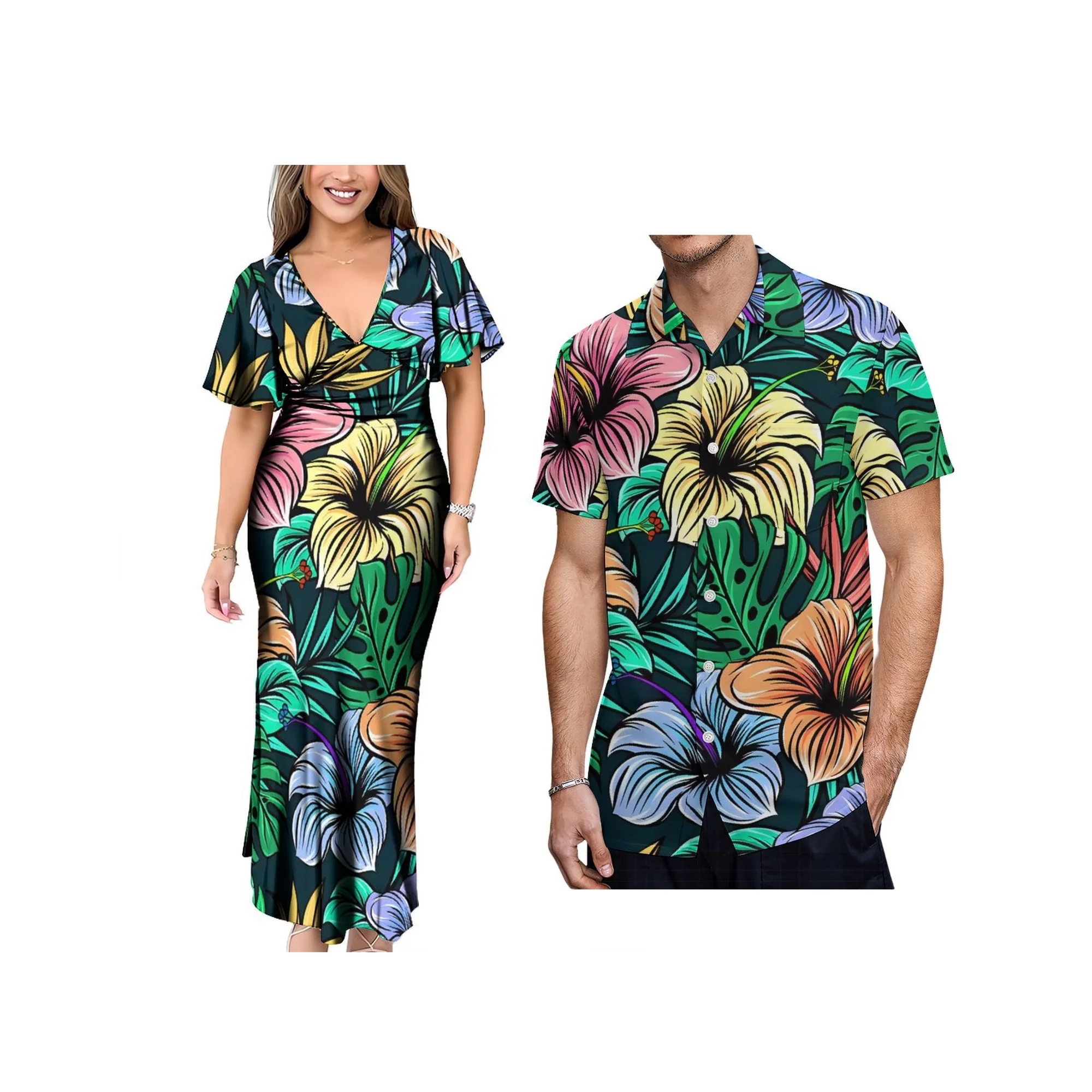 Grande taille dos cou cravate Sexy longue robe personnalisée polynésienne Tribal dames robe de soirée Match Aloha hommes chemise décontractée Couple vêtements