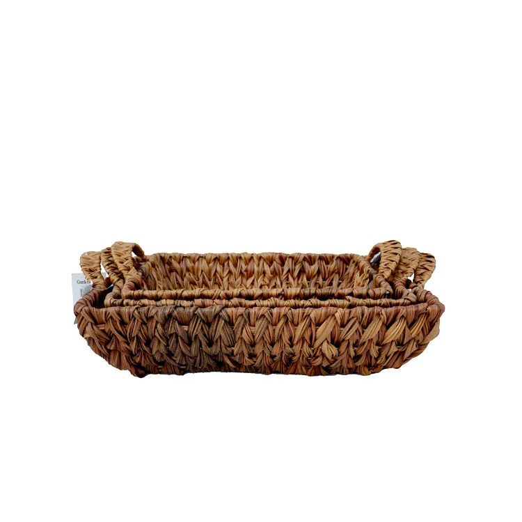 Customized set of three rectangular imitation rattan woven basket, imitation water hyacinth grass handmade woven storage basket,