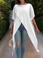 Ladies Elegant White Blouse Batwing Sleeve Asymmetrical Hem Loose Fit Tunic