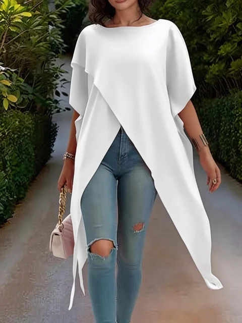Ladies Elegant White Blouse Batwing Sleeve Asymmetrical Hem Loose Fit Tunic