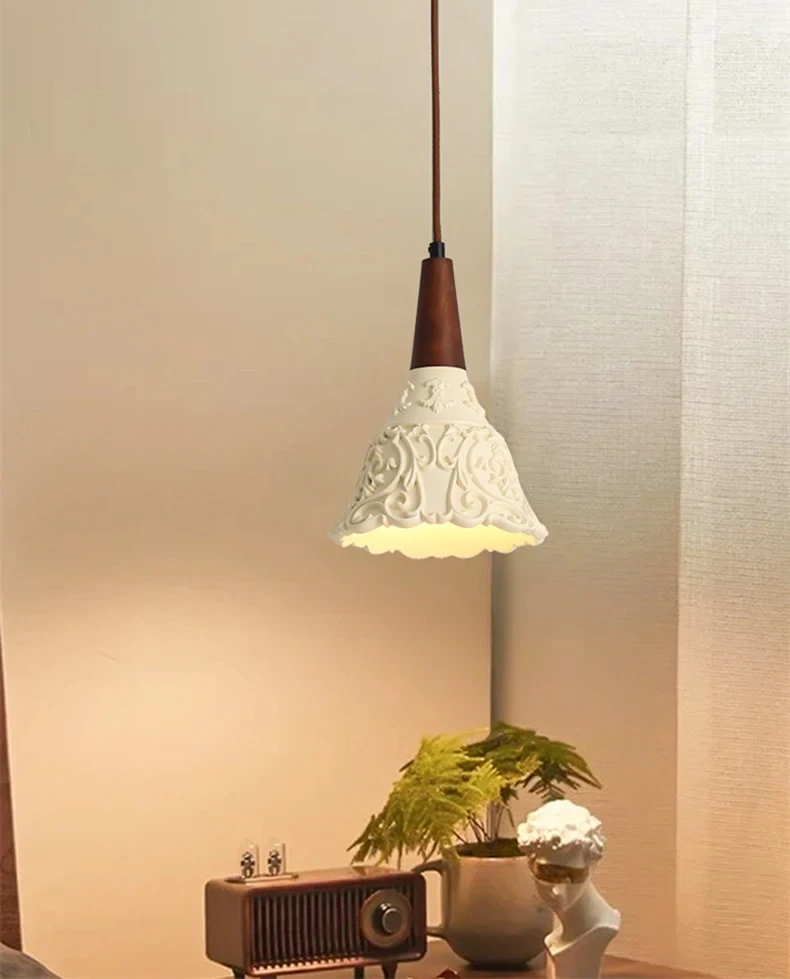 

CX045BS Aesthetic Nordic Beige Resin Pendant Light Pattern Carving With Wood Dining Room Bedroom Suspension Lamp E27 Bulb