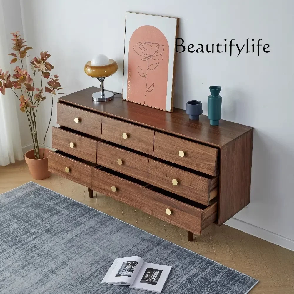 R Black Walnut Nordic Solid Wood Storage Side Cabinet Bedroom Living Room Storage Cabinet Modern Solid Wood Furniture