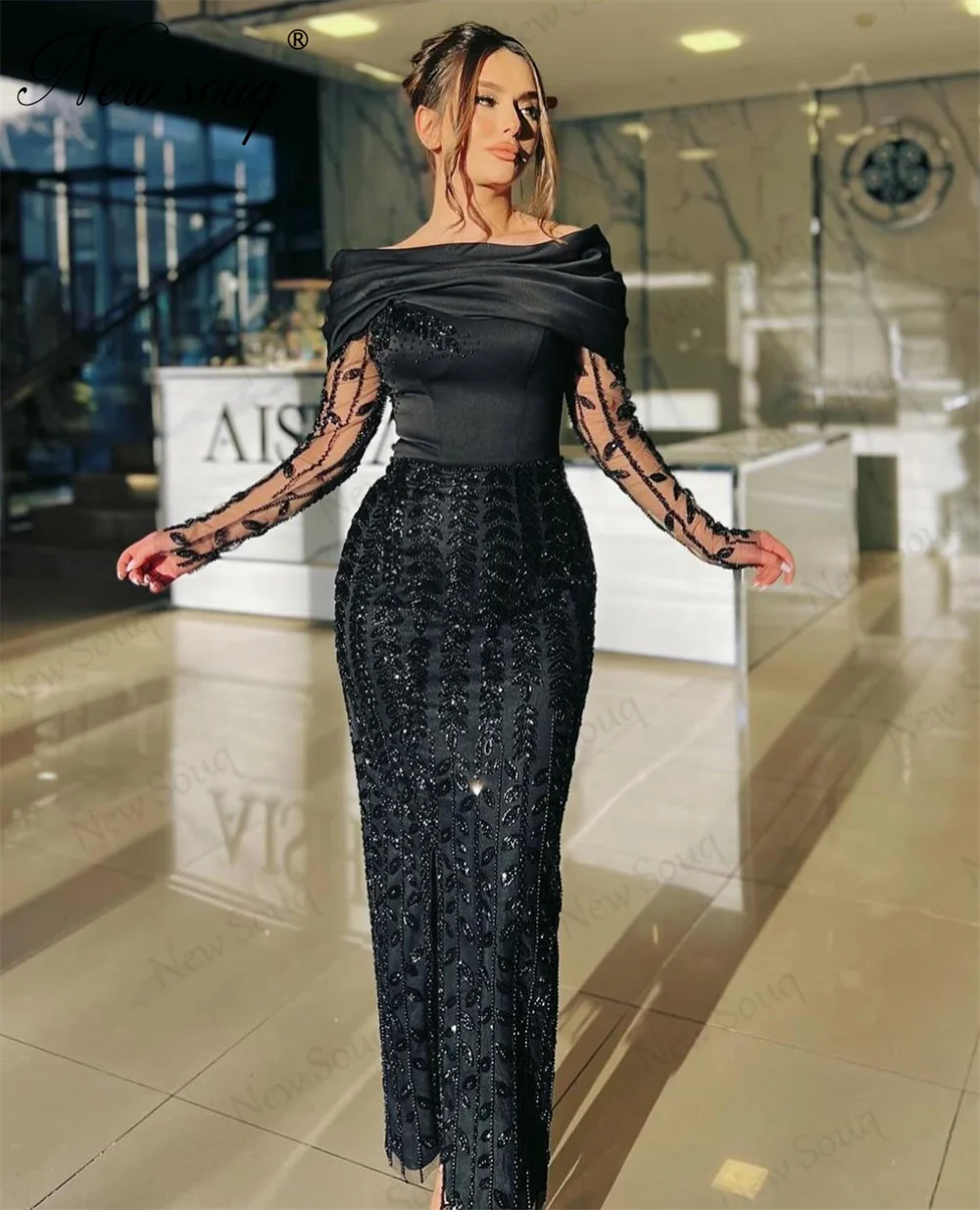 New Elegant Black Straight Evening Dresses Middle East Sequins Female Celebrity Dress Sequins Crystals Wedding Party Gowns Robes