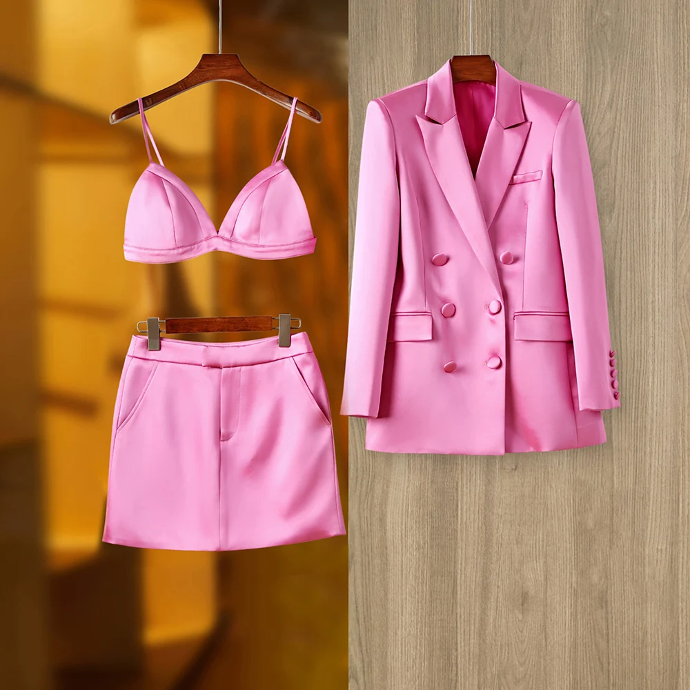 Smooth Satin Fabric Fusicha 3PCS Blazer Suit Fashion Elegant Street Mini Skirt Women Quality Clothing