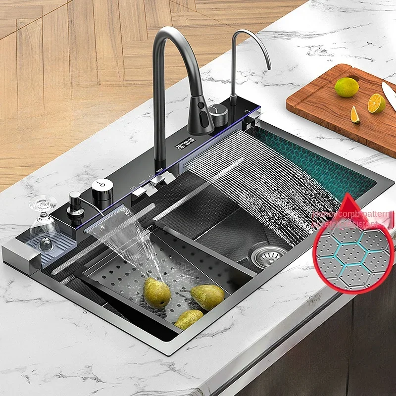 

Waterfall Sink Basin Large Single Slot Digital Display 304 Stainless Steel Sink With Waterfall Faucet For Kitchen Renovation