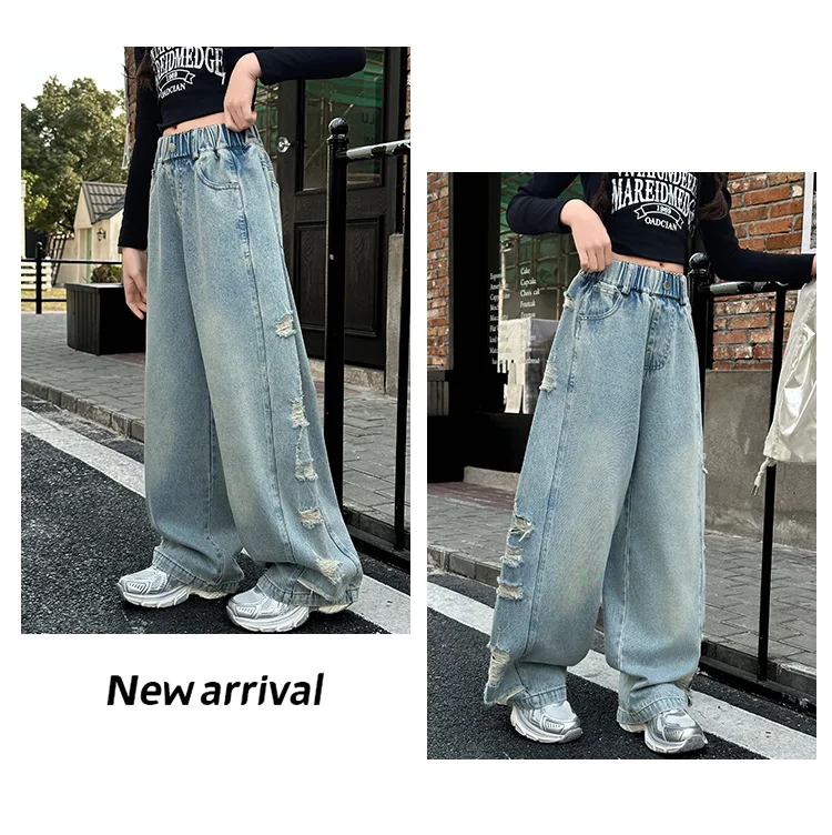 Neue, stylische Jeans für Kinder mit weitem Bein, Used-Look und seitlichen Löchern, für Mädchen, zerrissene Denim-Hosen, Alter 5-14 Jahre. – Detail 4