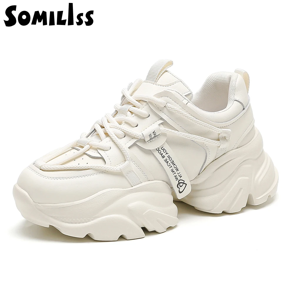 SOMILISS Womens Chunky Platform Sneakers Genuine Leather Lace Up High Quality Ladies Autumn Fashion Casual Sneaker Shoes