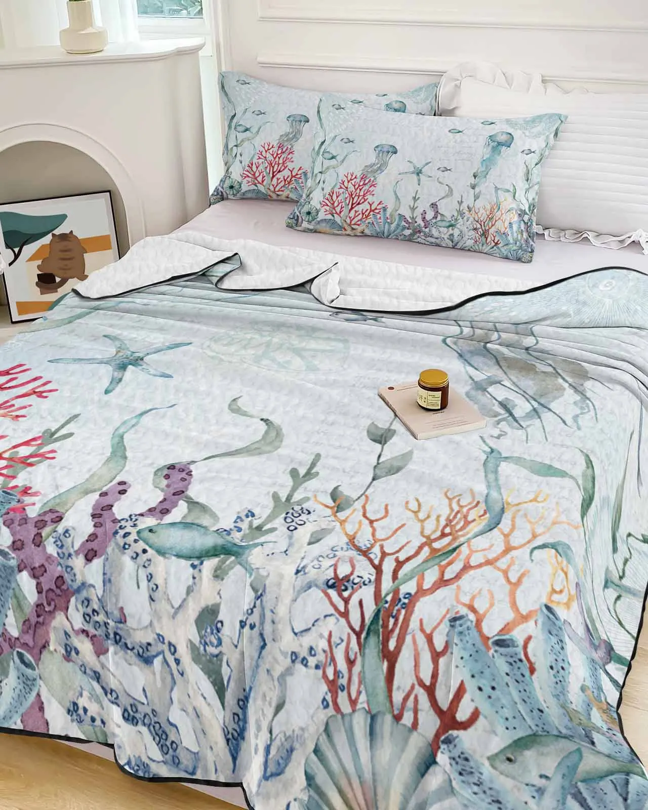 Marine Coral Sea Shell Starfish Jellyfish Cooling Blankets Air Condition Comforter Lightweight Summer Quilt for Bed Thin Quilt