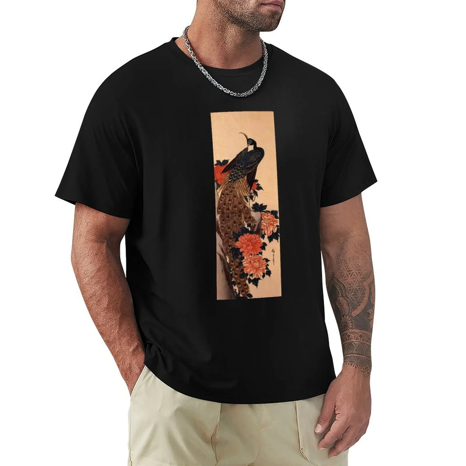 Peacock And Peony by Utagawa Hiroshige (Reproduction) T-Shirt summer top plus size tops anime T-shirt men