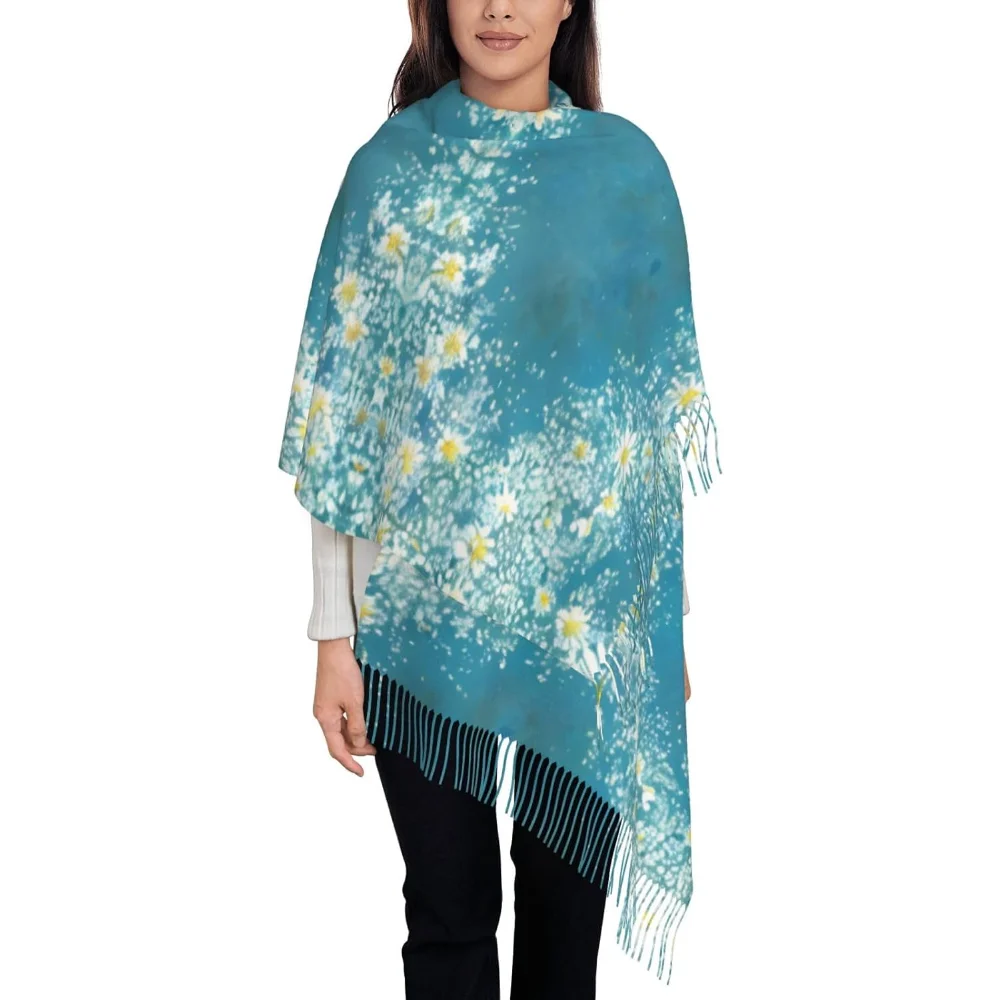 

Белый, синий шарф из пашмины с принтом ромашки, шаль, кашемировая накидка, палантин, большая мягкая шаль из пашмины, зимний шарф