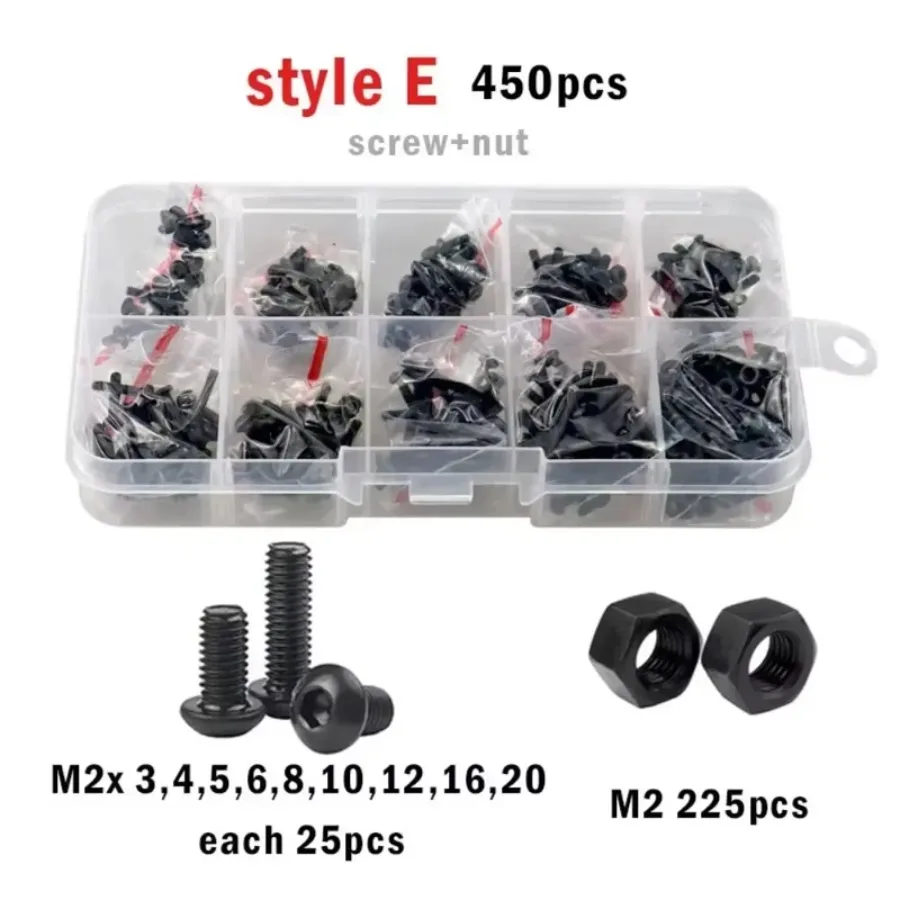 280/450pcs Black Grade 10.9 Steel Hex Socket Button Round Head Allen Bolt Nut Washer Kit Box M2 M3 Screw Set