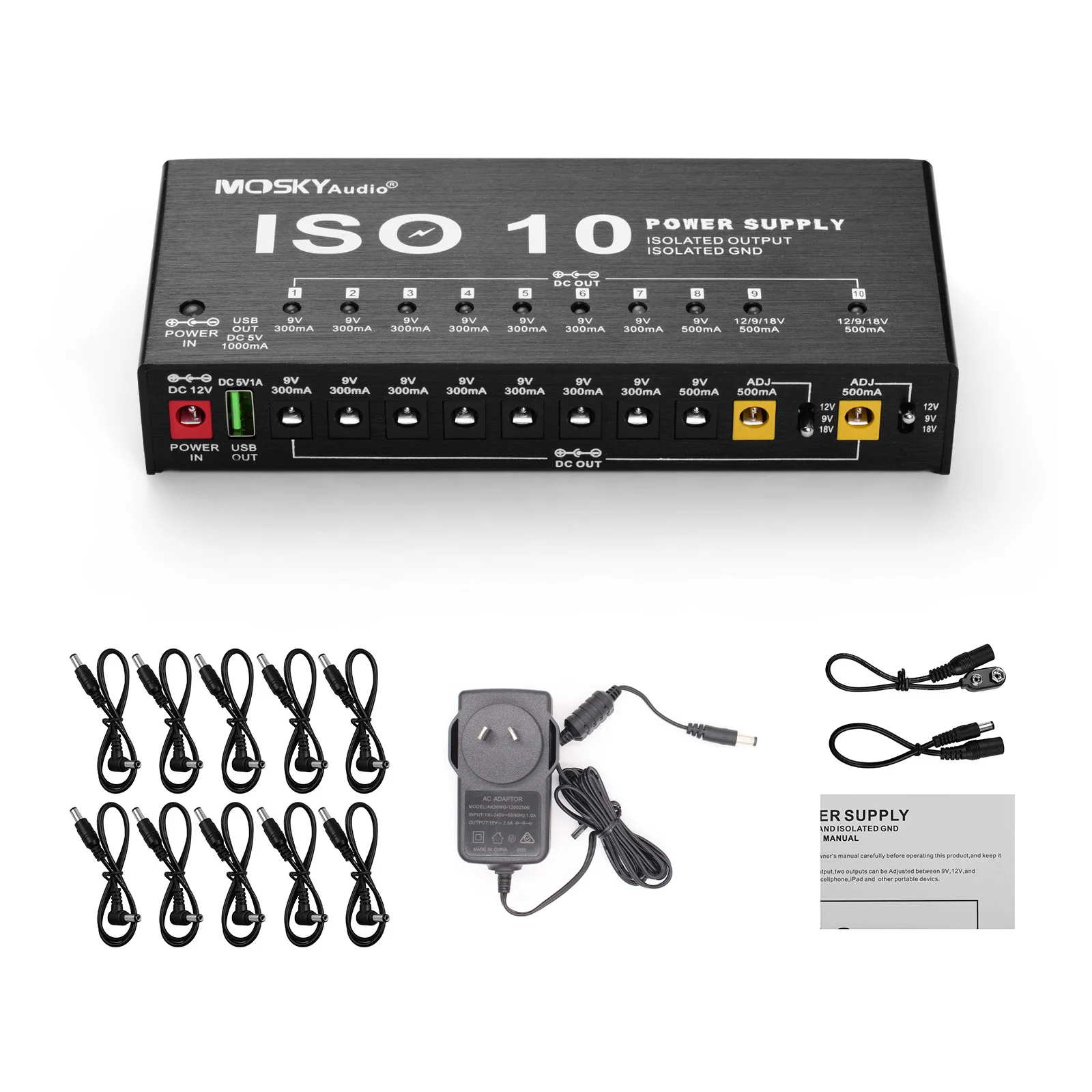 MOSKYAudio ISO-10 stazione di alimentazione ad effetto chitarra portatile 10 uscite cc isolate e una uscita USB 5V per chitarra 9V 12V 18V