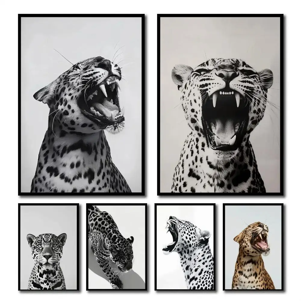 Leopard Roar HD Wall Art Poster Black White Animal Illustration Fashion Stylish Modern Home Decor Living Room Bedroom Gift