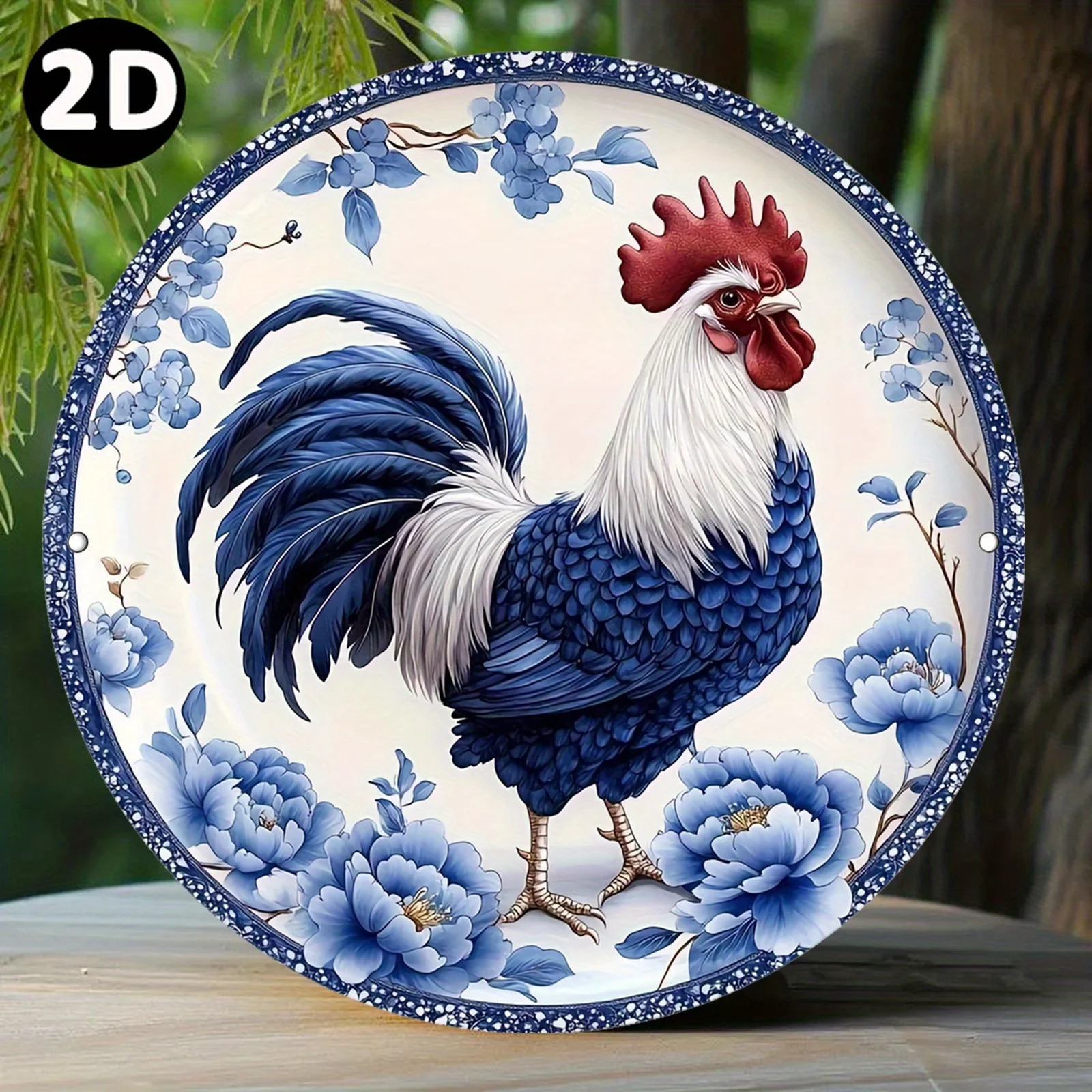 Custom Round Aluminum Metal Wall Sign Vintage Chinese Porcelain Chicken Flower Navy Frame Decor Plaque For Bar Office Easy Insta