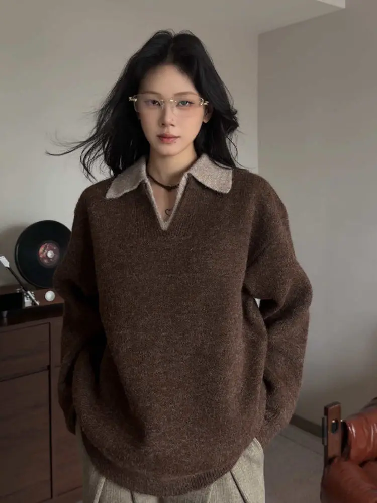 

Autumn Winter Men's V-Ne Knitted Sweater Brown Casual Sle Long Sve Base Layer irt Flip Collar irt Comfortable...