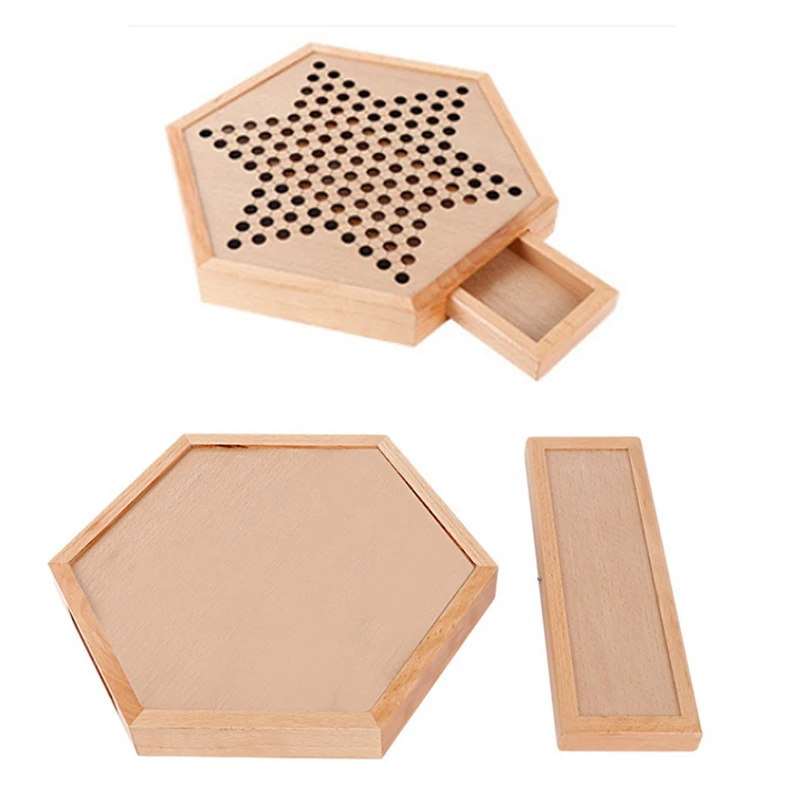 Hexagon Drawer Beech Glass Bead Checkers Glass Ball Children Adult Puzzle Checkers Set