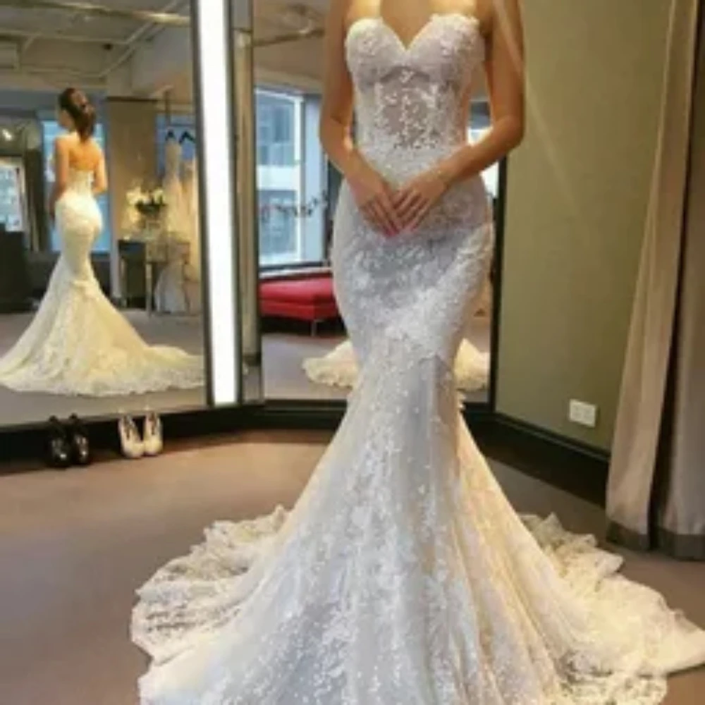 New Style White Strapless Lace Perspective Fishtail Skirt High Waisted Sleeveless Wedding Dress