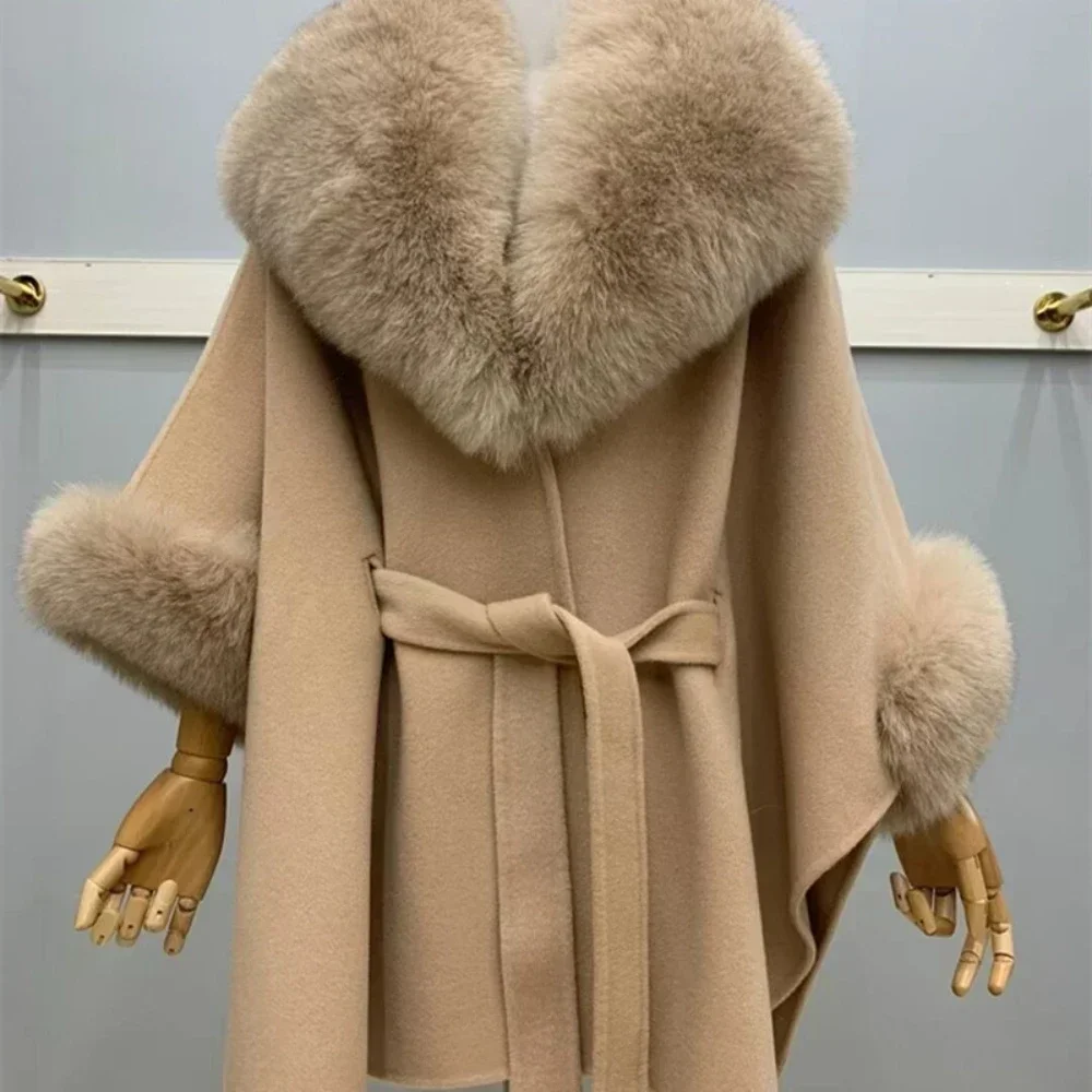 Premium Double Face Wool Coat Length natural fur coat with fox fur trim collar Elegant Daily Commuter Fashion Overcoat For women